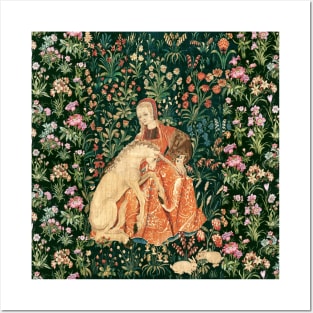 LADY AND UNICORN AMONG FLOWERS ,HARES,Red Green Floral Posters and Art